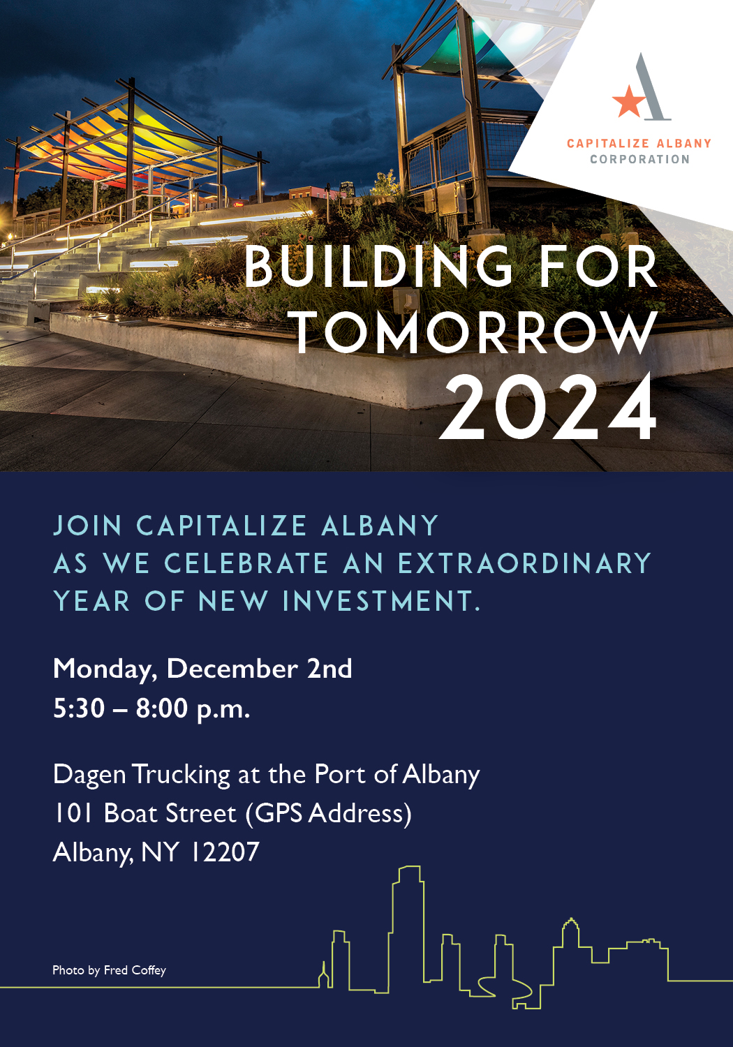 Invitation graphic for Building For tomorrow 2024 on December 2nd at 5:30 p.m. at the Port of Albany (101 Boat Street, Albany - GPS address).