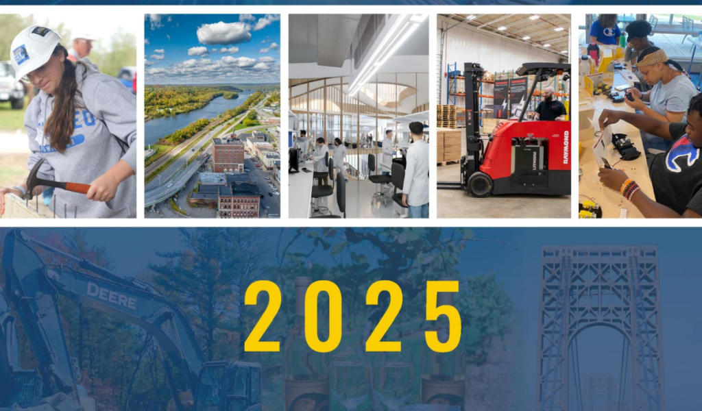 Collage of five images at the top, each depicting different work or educational environments: a young woman using a hammer at a construction site, an aerial view of a city and river, people in lab coats working in a modern laboratory, a worker operating a red forklift in a warehouse, and a group of young adults assembling or working on electronics at a table. Below these images, the large yellow numbers "2025" are centered on a blue background, which is semi-transparent and overlays faint images of construction equipment and a bridge. 