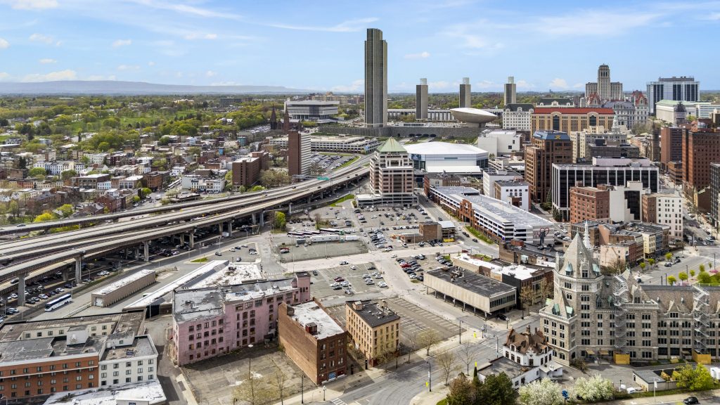 Aerial photo of the Downtown Albany Liberty Park site 