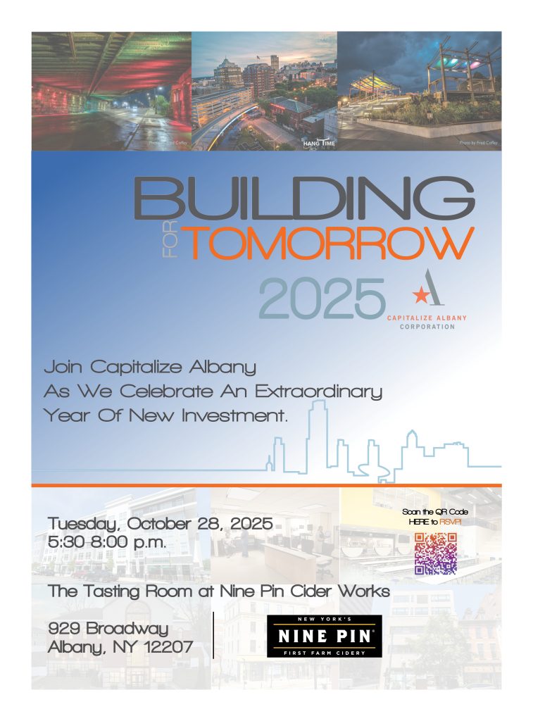 Graphic for Capitalize Albany Corporation’s 2025 event invitation. The flyer has a blue and orange theme with small city images at the top. Large text says “Building for Tomorrow 2025.” Event details: Tuesday, October 28, 2025, 5:30–8:00 p.m. at The Tasting Room at Nine Pin Cider Works, 929 Broadway, Albany, NY 12207. Includes a QR code to RSVP and the Nine Pin Cider Works logo at the bottom.