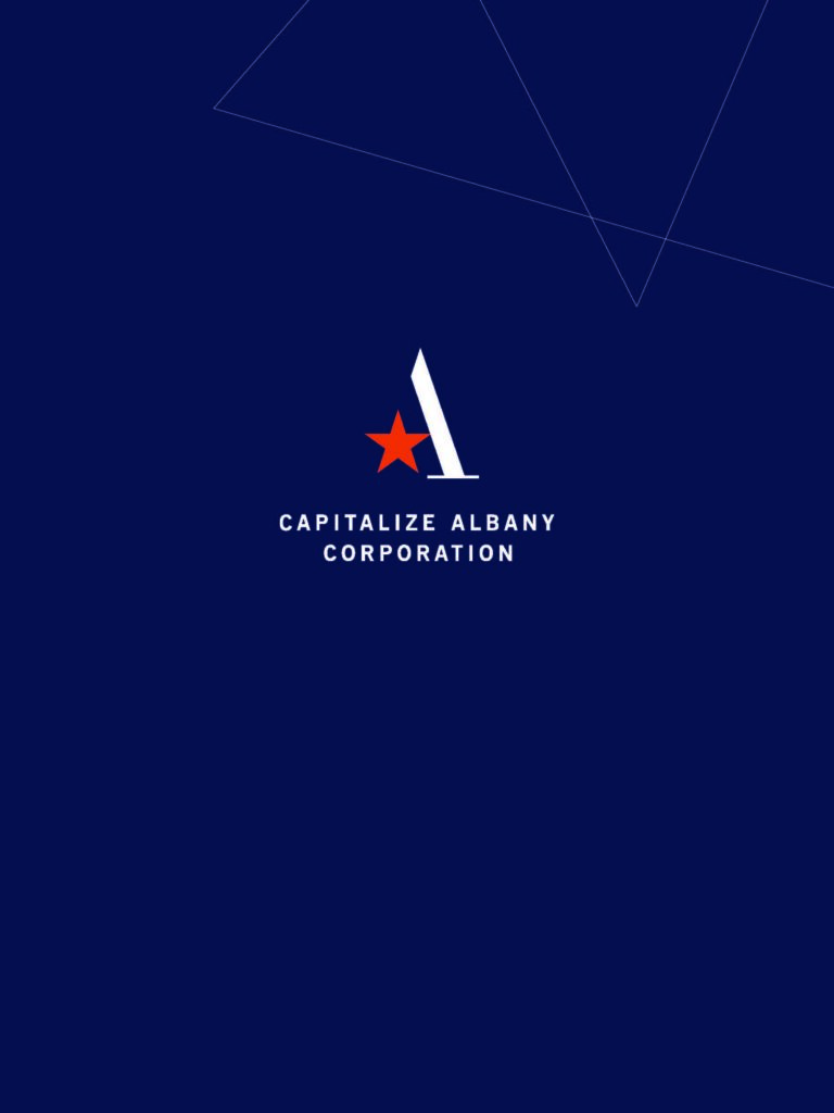 Cover of Capitalize Albany's 2025 annual report, Dark blue background with a minimalist logo in the center featuring a white stylized letter "A" and a red star. Beneath the logo, the text reads: "CAPITALIZE ALBANY CORPORATION." Thin white lines form an abstract geometric design in the upper right corner.