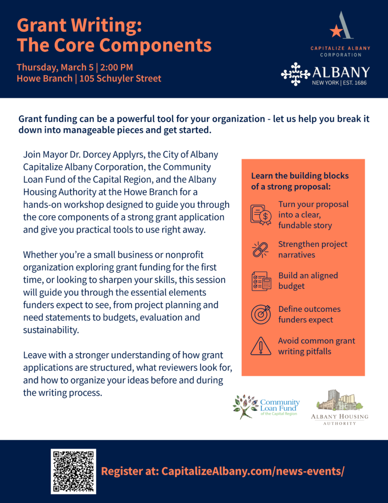 New location announcement flyer for Capitalize Albany Corporation with a map graphic and text about the new office address, plus contact information and a website link.