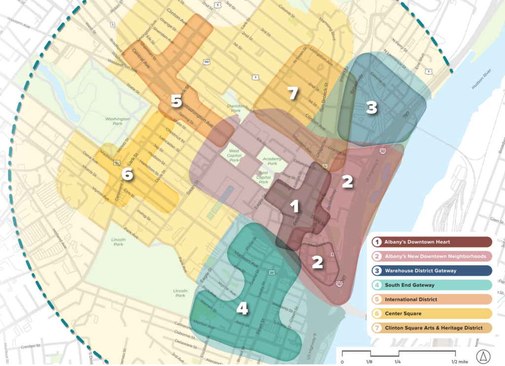 Downtown Albany Strategy Fund Map graphic, a color-coded map of downtown Albany, New York, with several semi-transparent colored zones labeled with large white numbers 1 through 7. A light-blue river labeled “Hudson River” runs along the right side, and a dashed teal boundary arc appears along the left and lower edges of the map. The numbered zones overlap and cover different parts of the downtown street grid: 1 is a dark maroon area near the center-right, around the Capitol-area blocks (near labels “West Capitol Park” and “East Capitol Park”). 2 is a larger reddish area stretching along the right side near the river, with two separate “2” labels (one mid-right and another lower-right). 3 is a blue area in the upper-right, near the river and close to highway markings. 4 is a teal/green area in the lower-middle portion of the map. 5 is an orange area in the upper-left/upper-middle area. 6 is a yellow area left of center. 7 is a pale yellow/tan area in the upper-middle/right-of-center. Legend text (verbatim): 1 Albany’s Downtown Heart 2 Albany’s New Downtown Neighborhoods 3 Warehouse District Gateway 4 South End Gateway 5 International District 6 Center Square 7 Clinton Square Arts & Heritage District