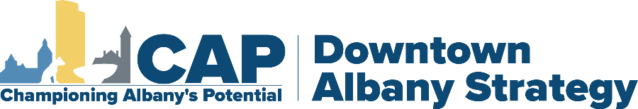 CAP Initiative Logo, A black banner-style logo. On the left is a stylized skyline graphic in blue, with a tall yellow shape near the center and the large letters “CAP” in dark blue. Under the left graphic/text area, it reads: “Championing Albany’s Potential” On the right, in large dark-blue text, it reads: “Downtown Albany Strategy”